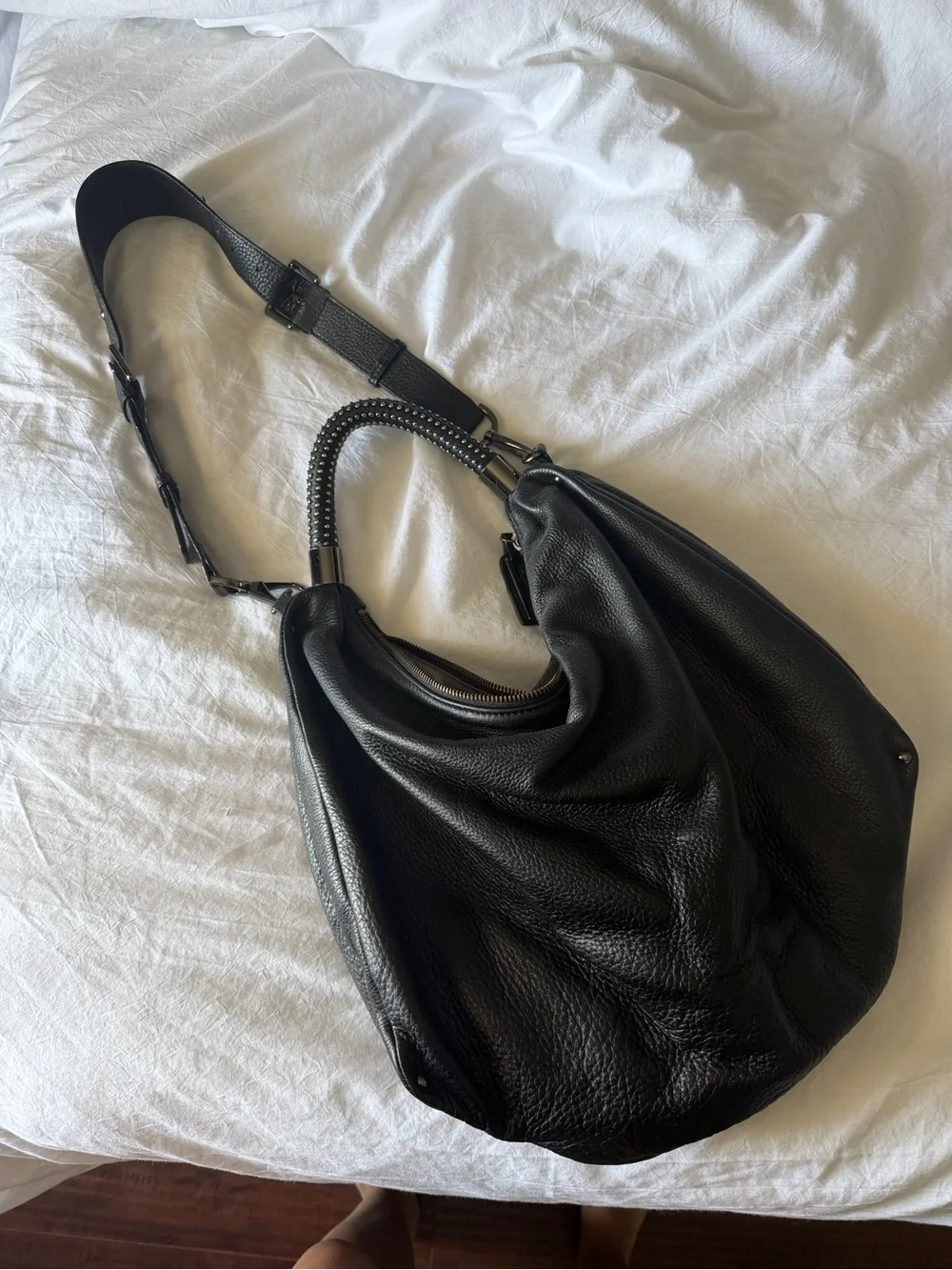 Kenneth Cole Black Pebbled Leather Hobo Bag crossbody shoulder adjustable